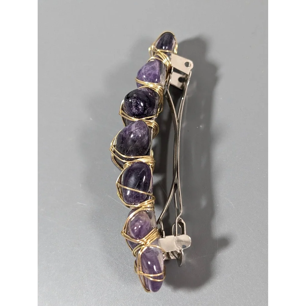 Artisan Purple Gemstone Wire Wrapped Hair Barrette Gold Tone Handmade
